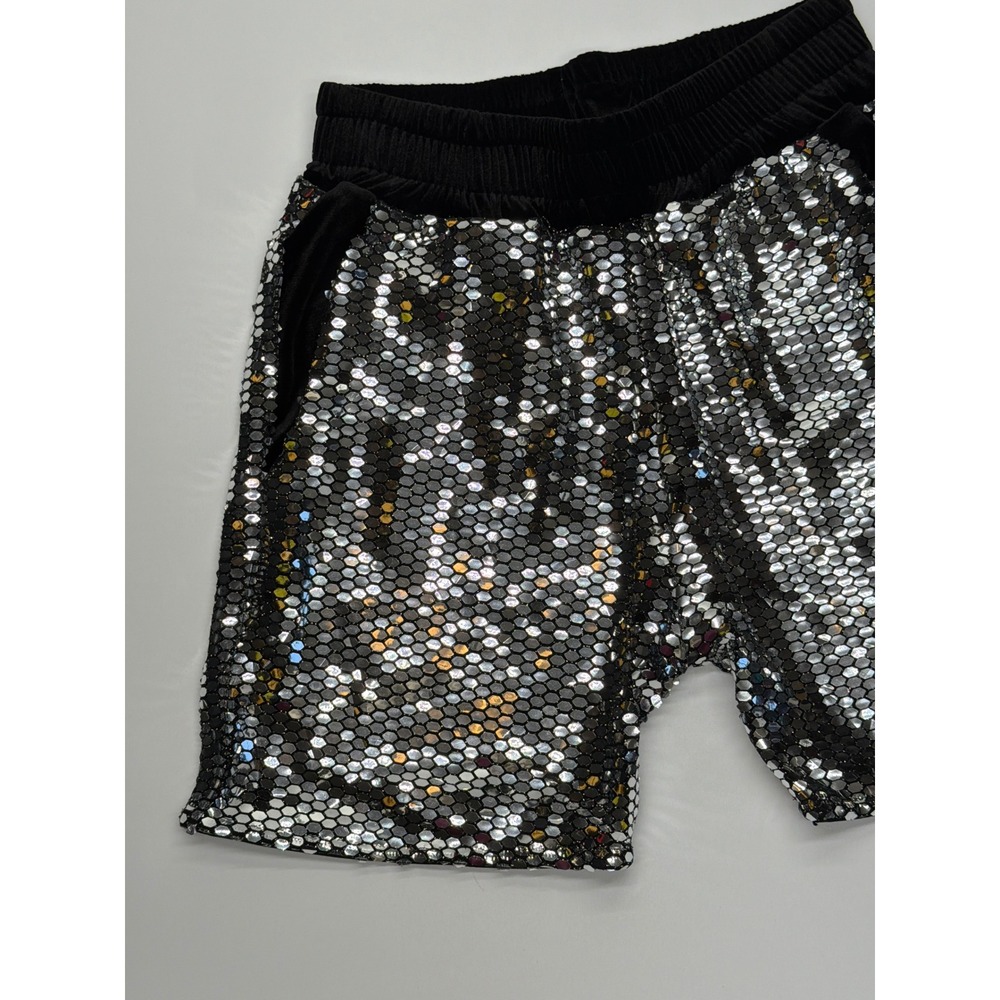 Mens Silver Sequin‎ Disco Festival Shorts Black Elastic Waist Rave Party Small - Picture 2 of 9